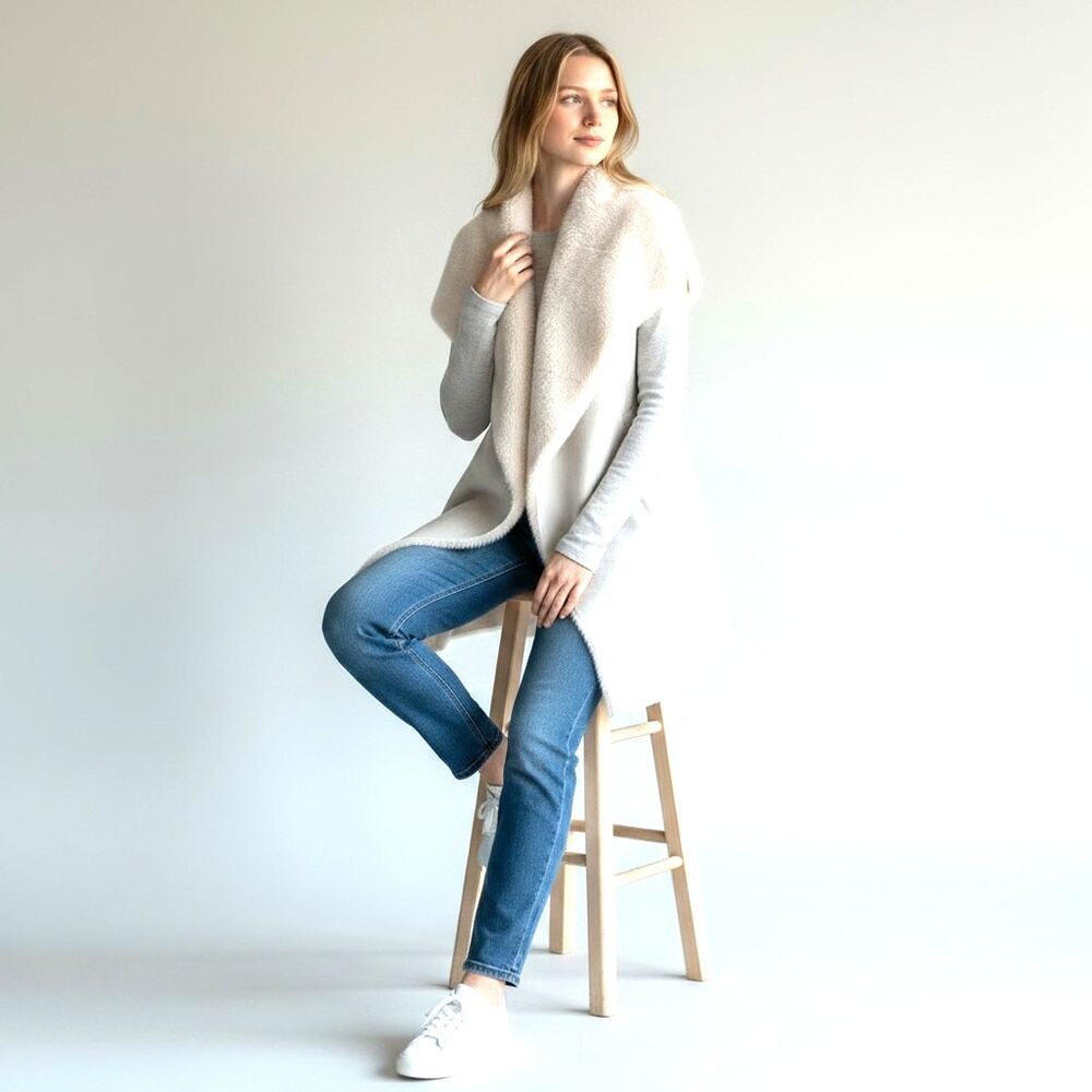 On Twelfth Faux Suede and Faux Fur Sleeveless Cardigan Cream Beige Sweater Small